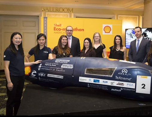 Reigning Shell Eco-marathon champs, UofTs Carbon-Cutting Racers show off vehicle.