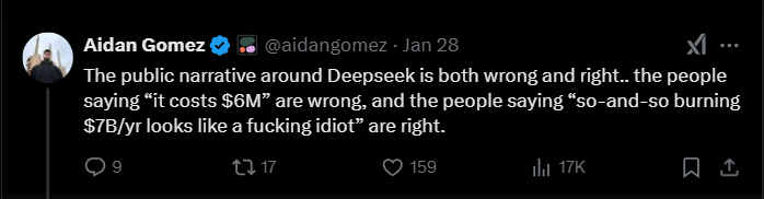 Aidan Gomez Deepseek Tweet | BetaKit