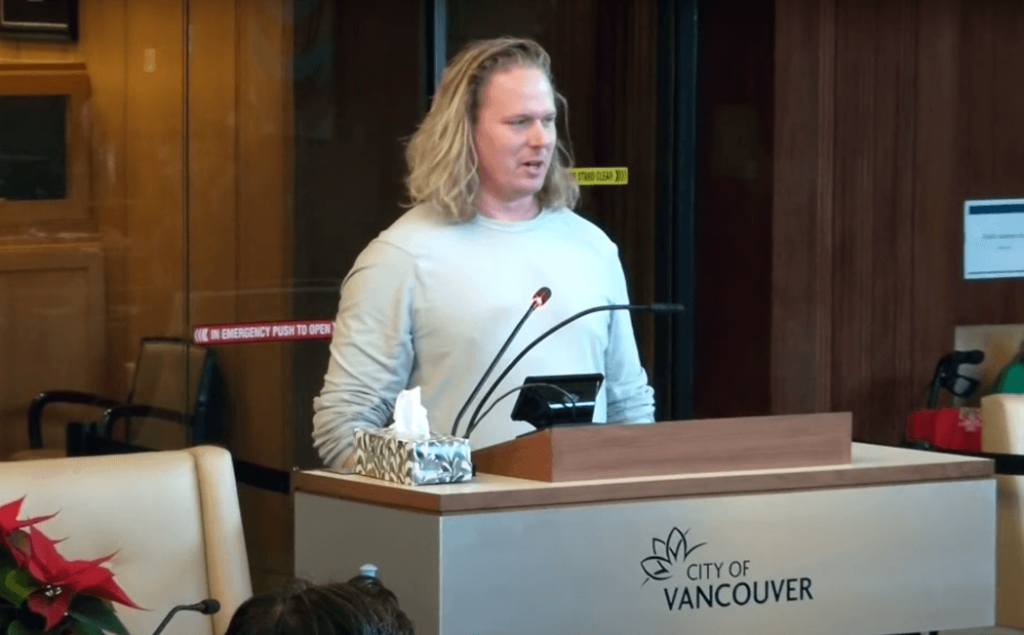 Jarrett Vaughan speaking in support of Sims initial Bitcoin motion on December 11 2024 | BetaKit Jarrett Vaughan, Vancouver city council Dec 11, 2024